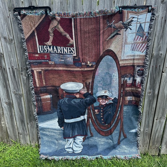 USMC Marines Woven Tapestry Throw Blanket Boy Saluting Mirror Military